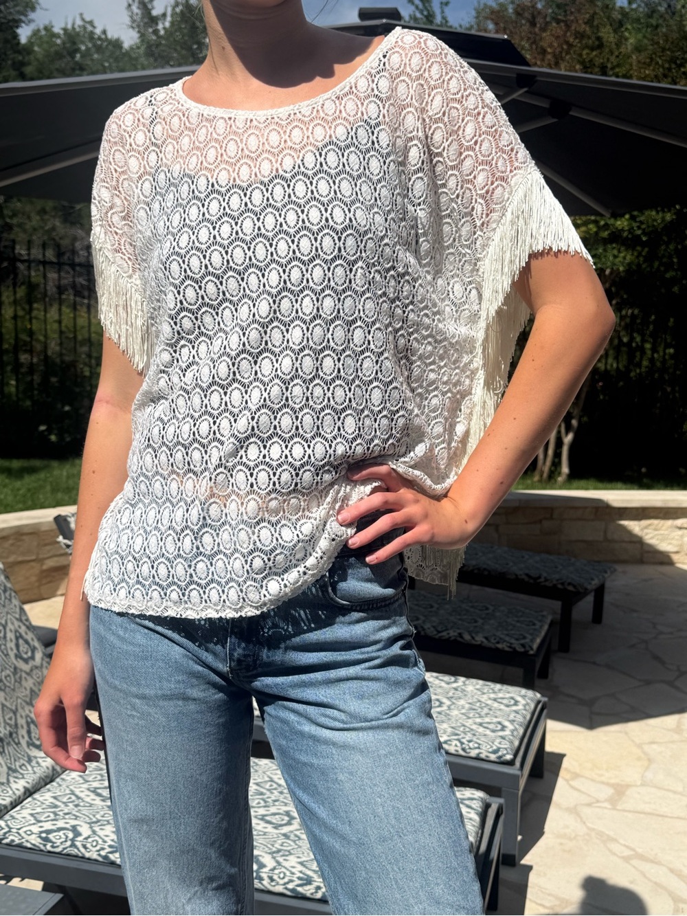 Lace Fringe Top Medium Boho Festival Sheer Crochet Ivory Side Slit Hippie Beach